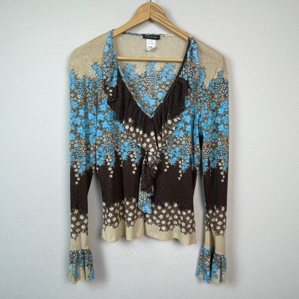 Blue Floral Ruffle V-Neck Blouse